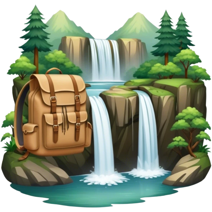 Icon for Ecotourism: lightweight hiking backpack and a scenic landscape with lush green forests, a waterfall, and wildlife, such as birds or animals in background. Transparent background. emoji