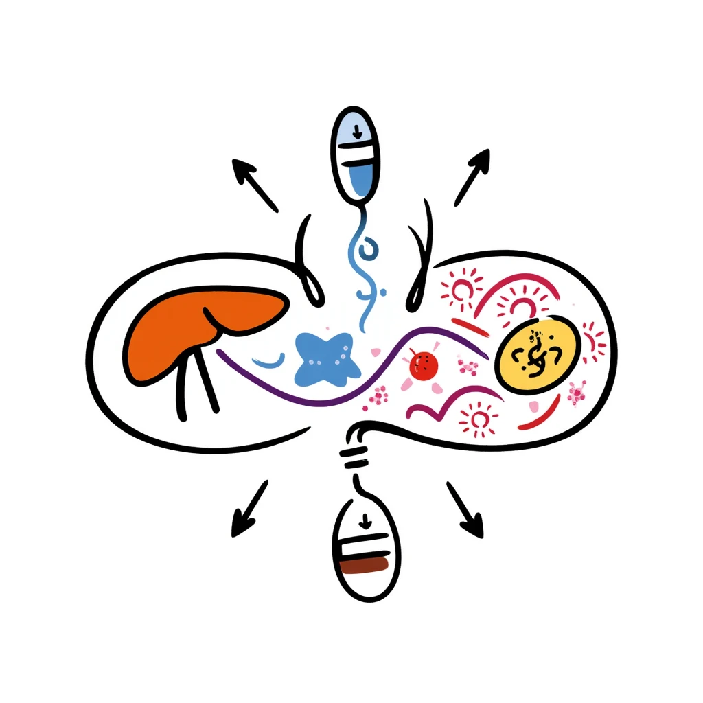 Anti-diabetic treatment diagram: orange liver, pink muscle cells, and yellow fat cells responding to blue anti-diabetic medication, with purple insulin pathways activated. Hand-drawn cross-section showing cellular absorption of red glucose particles and balanced blood sugar levels. emoji