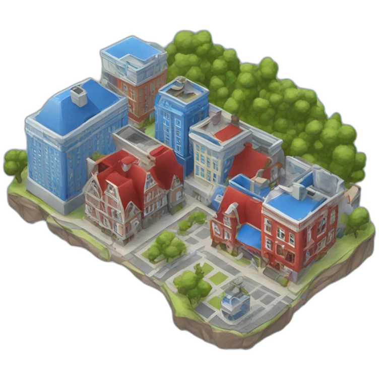 District with larges blue and red buildings at the base emoji