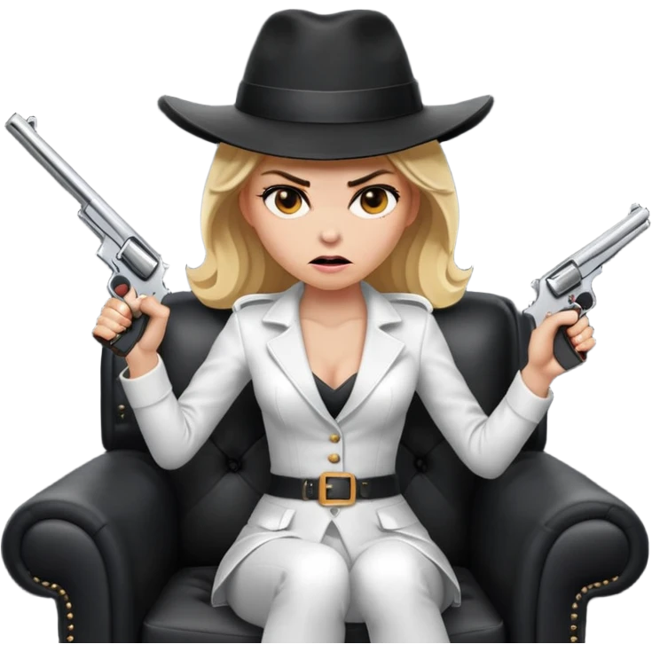 Mafia blondes angry woman in hat , gun ,black armchair , white costume  emoji