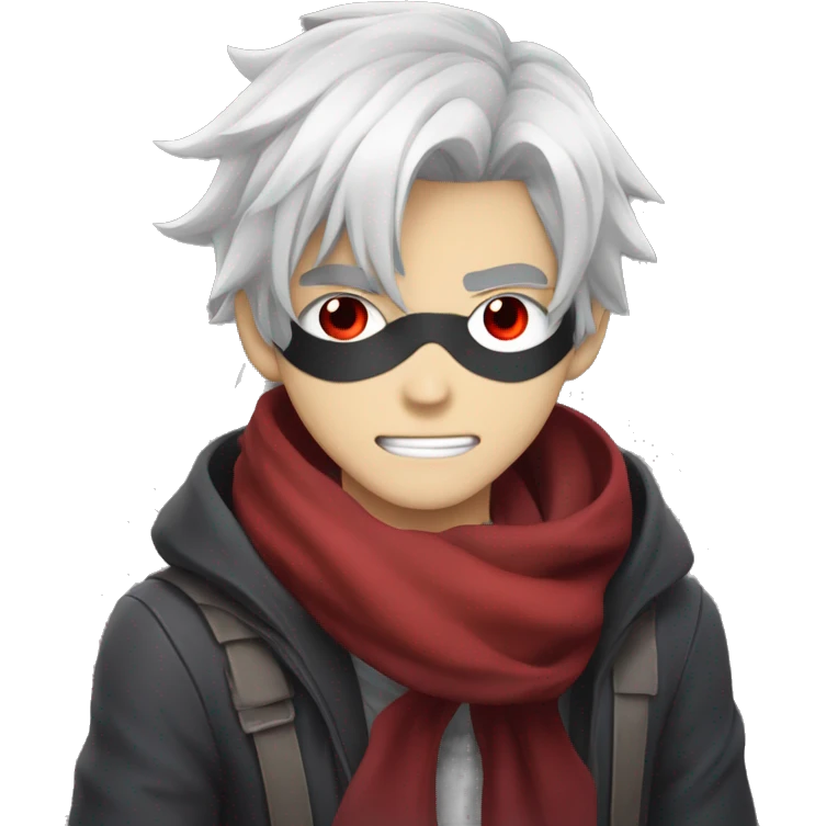 Anime guy, with white messy hair, demonic eye patch, red eyes, crimson scarf around neck, and gray skin  emoji
