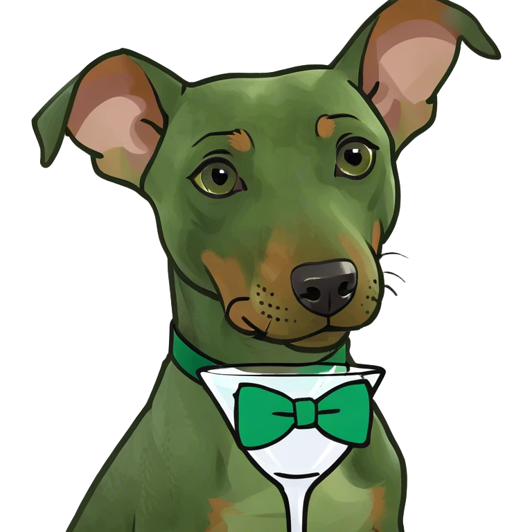 Miniature Doberman with clipped ears, sitting in a martini emoji