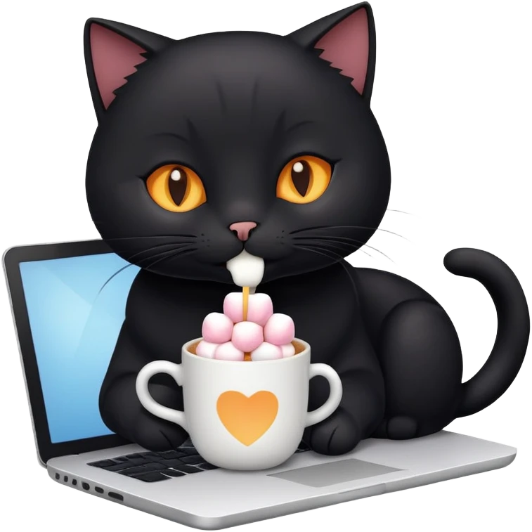 a black cat sits drinking hot chocolate with marshmallows in a cup and also works on a laptop working as a graphic designer, he really likes this job  emoji