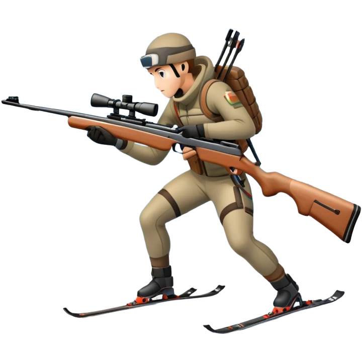 An icon showing a snowy landscape with pine trees, mountains, and a clear sky with a biathlete aiming a rifle in the foreground, wearing winter gear and skis. Transparent background emphasizes the precision, endurance, and beauty of this winter sport. emoji