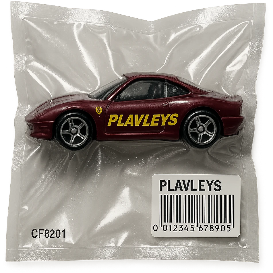 burgundy Hot Wheels toy car Ferrari with the word 'PLAVLEYS' written on the side, glossy and puffy, vacuum-sealed style emoji
