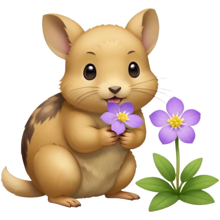 small round pika on all fours, turned at an angle, biting a small light purple flower in its mouth emoji