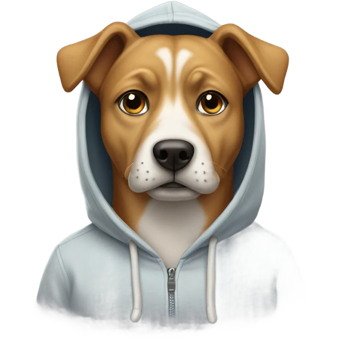 Dog wearing a hoodie with a mustache emoji