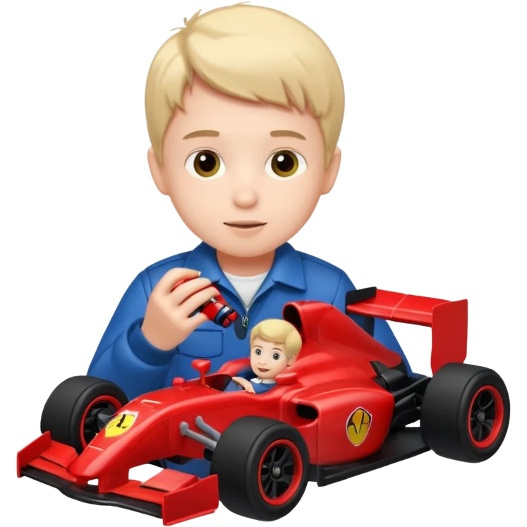 boy playing with formula 1 toy car emoji