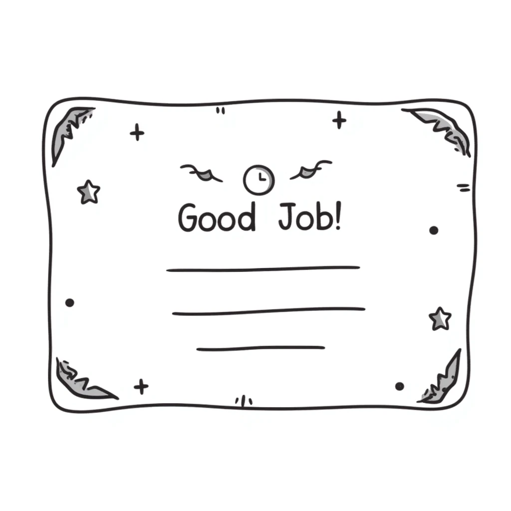 Certificate with decorative border, "Good Job!" text in the center, and stars scattered around the edges emoji