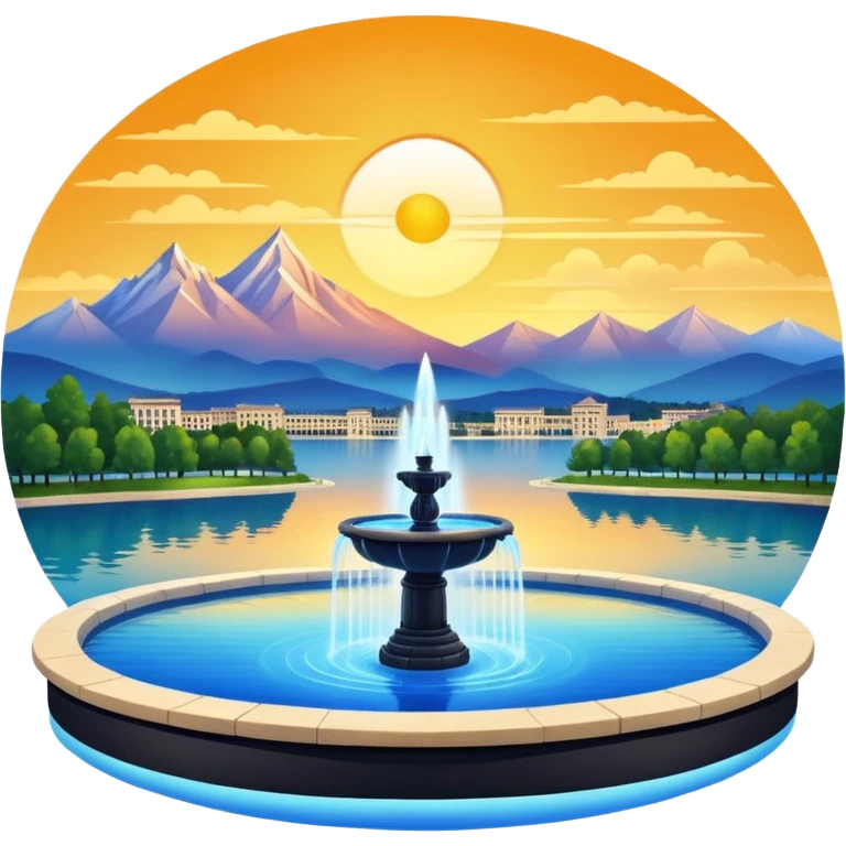 Please generate an image of a sunrise illuminating a lake with a huge fountain like that in the Geneva lake and some mountains in the background. emoji