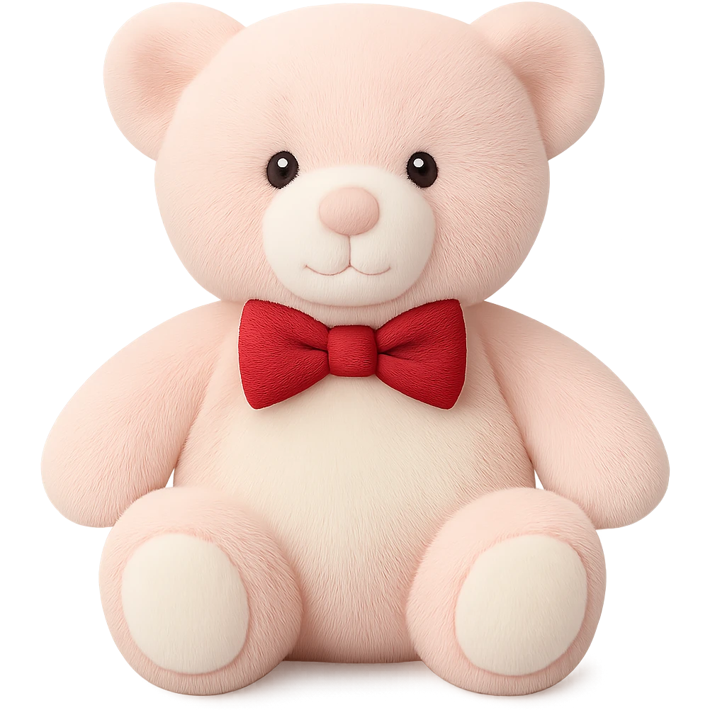 Add a bow tie to the teddy bear, keeping the pink and white fur, flat lighting, no shadows or background, soft plush look, maintain transparency. The style should reflect a soft plush teddy bear with flat lighting and no shadows, isolated on a transparent background. emoji