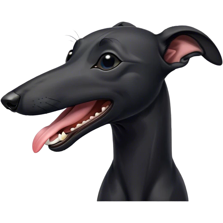 Cinematic Cute Yawning Black Greyhound Portrait Emoji, Head tilted slightly with a dramatic, wide-open yawn, showcasing a sleek black Fur with a polished finish, floppy ears slightly drooping, round dark eyes barely open in drowsy contentment, Simplified yet irresistibly adorable features, highly detailed, glowing with a soft, cozy glow, high shine, relaxed yet expressive, stylized with a touch of whimsy, bright and endearing, soft glowing outline, capturing the essence of a sleepy yet affectionate racer, so drowsy it feels like it could stretch out of the screen and curl up for a nap! emoji