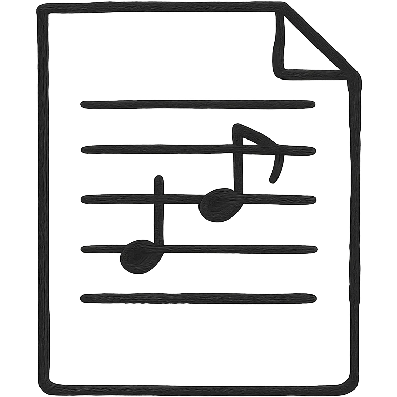 Silhouette of sheet music icon, hand drawn, black outlines, no fill, simple and clean, top view emoji