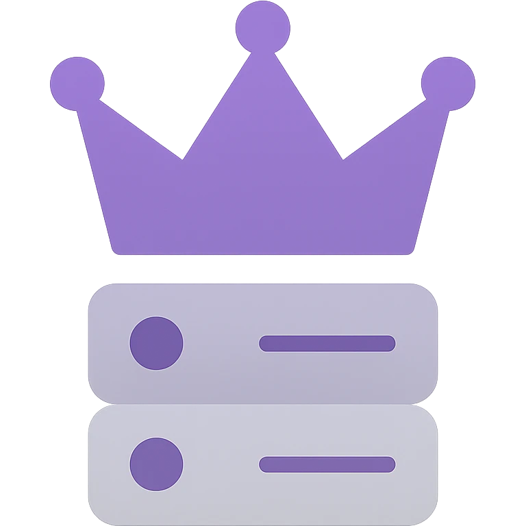 King Server brand logo, abstract crown and server merged, color icon style, geometric, purple and silver tones, no text emoji