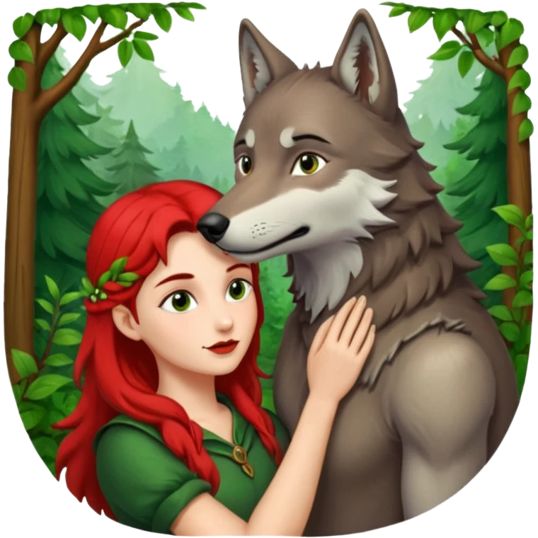 Caperucita roja acariciando la cabeza de un lobo macho en un bosque emoji