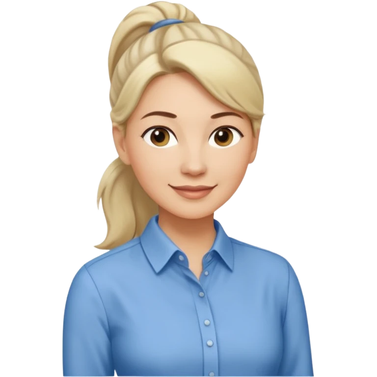 Женщина среднего возраста с волосами, собранными в аккуратный хвост, лёгкая уверенная улыбка, строгая однотонная блузка, стиль деловой и сдержанный. emoji