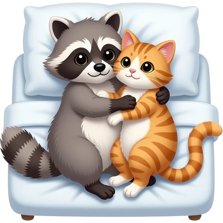 raccoon is hugging hot, sexy cat. they are lying in the bed emoji