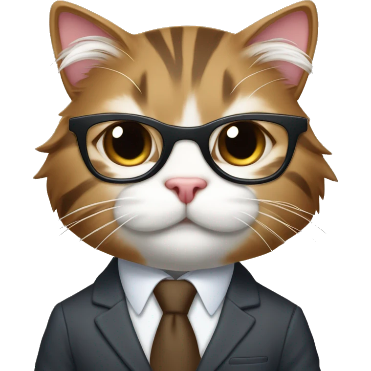an anthropomorphic brown and white tabby cat with long fur, glasses, wearing a suit emoji