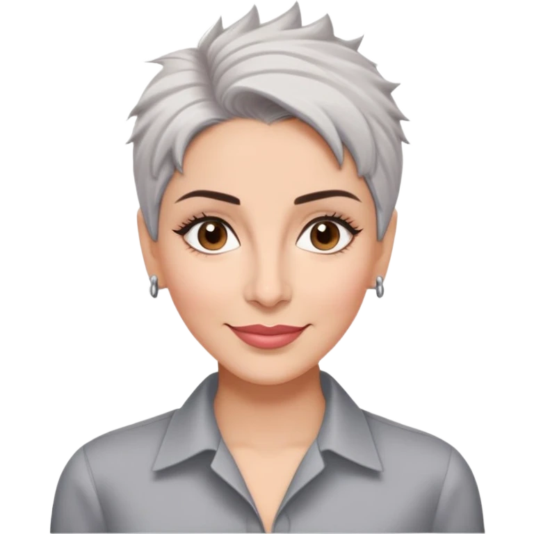 Puerto Rican actress Marian Pabón with elongated face, light pinkish skin, almond-shaped expressive eyes, straight nose, well-defined lips with wide smile, arched eyebrows, pronounced cheekbones, short spiky gray hair like a man's cut, wearing a white buttoned shirt emoji