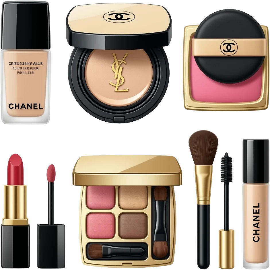 Chanel foundation, YSL cushion, Chanel blush, lipstick, eyeshadow palette, makeup brushes, concealer emoji
