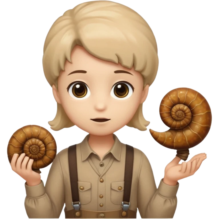 Shelly has a small, chibi-style body with a large ammonite-shaped head that looks like a beige fossil shell. One side of her head has a dark opening, making it clear she isn’t human. Her face is simple and soft, with big round eyes. She wears a brown suspender outfit over a lighter shirt emoji
