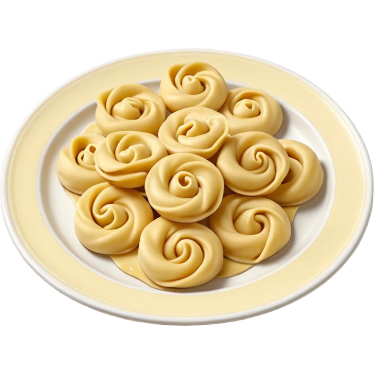 single uncooked tortellini, smooth pale yellow dough, neatly folded ring shape, soft curves, slightly flour-dusted surface, visible central pinch, no sauce, plate, or extras, soft lighting, subtle shadows, emoji scale emoji