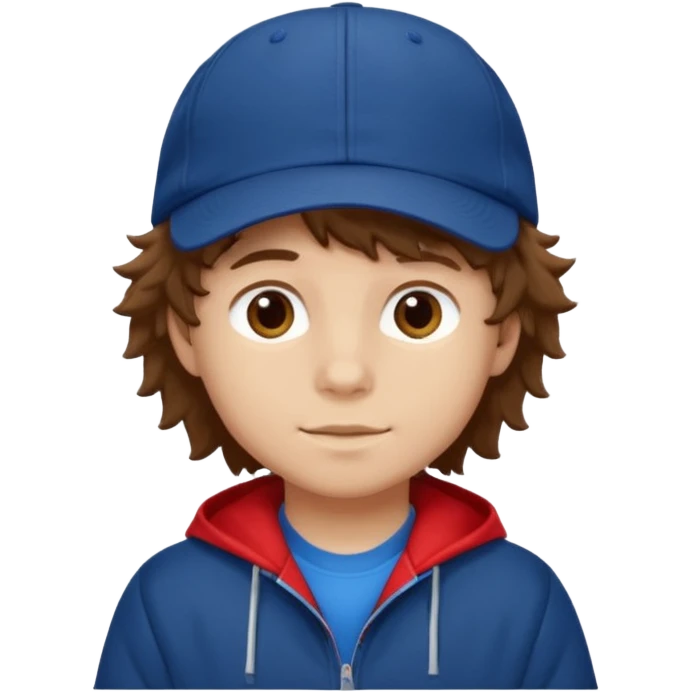brown fluffy hair kid with blue and white cap dark blue jilet red t shirt emoji
