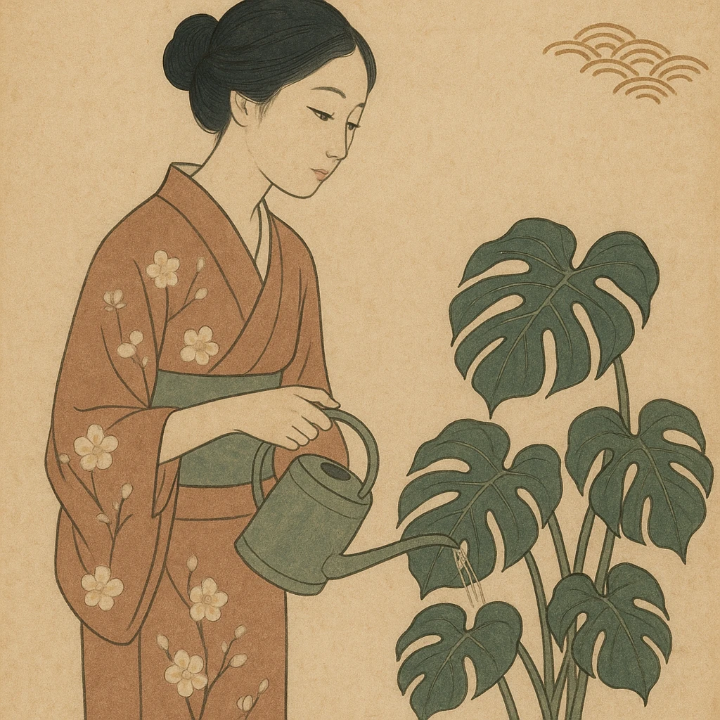 woman watering her monstera plant emoji