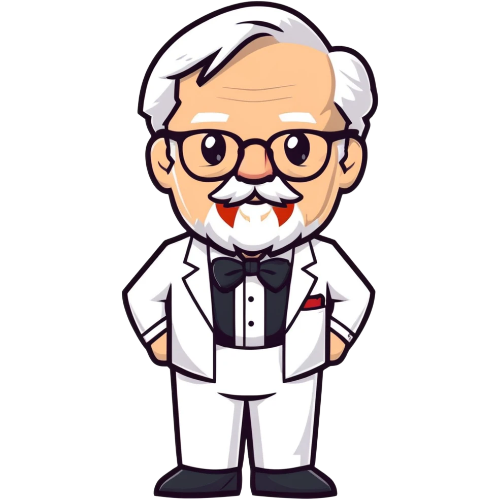 Colonel Sanders KFC, old man with white hair, white goatee, black bow tie, white suit, glasses emoji