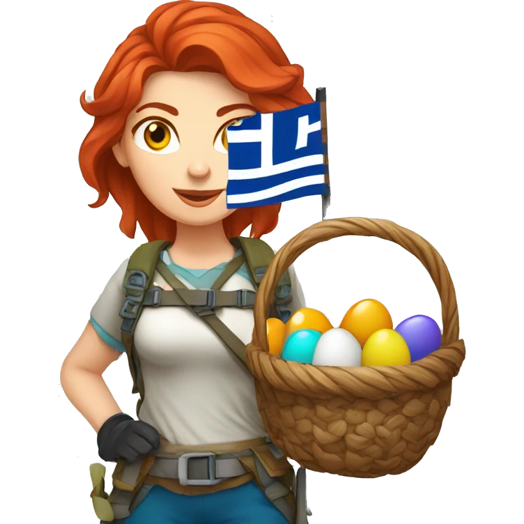 Greek Female winter mountaineer red hair white skin climbing with Greek Flag and Easter eggs basket emoji