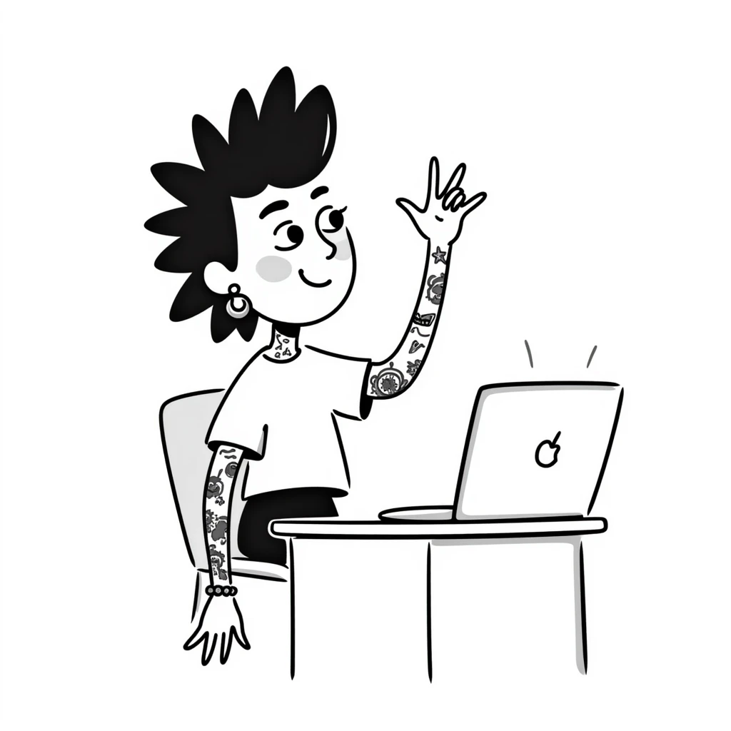 Punk rock female student with mohawk, facial piercings and full sleeve tattoos, smiling confidently while raising hand in class, laptop on desk, wearing band t-shirt emoji