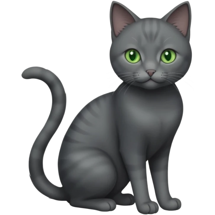 full body view of beautiful female solid dark grey cat with green eyes, grey face, white toes/paws and small white patch on her chest emoji