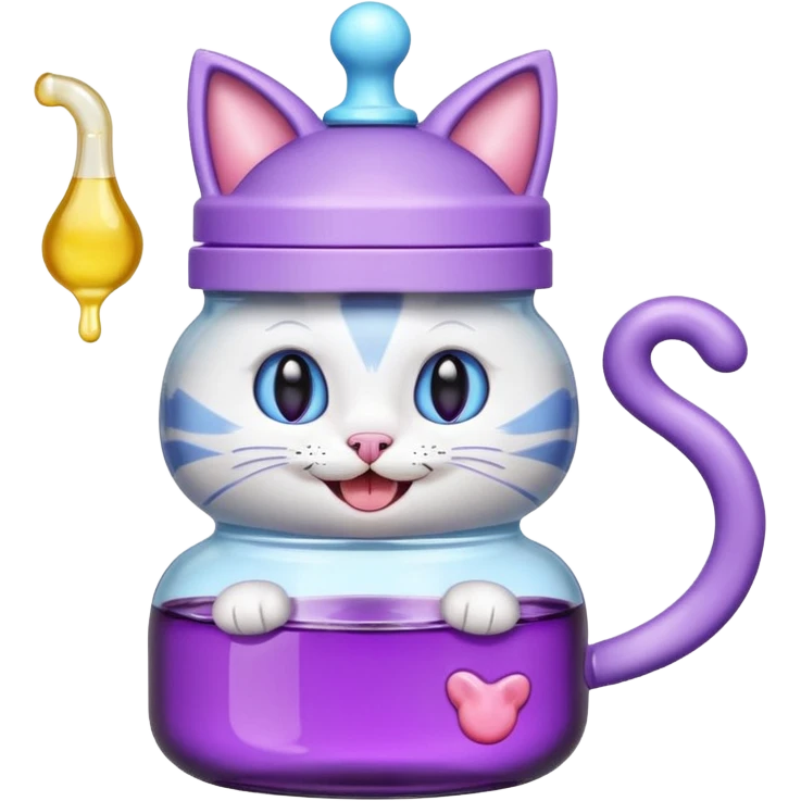 Smiling bottle of oil light purple top and light blue sticking tongue out and with cat ears emoji