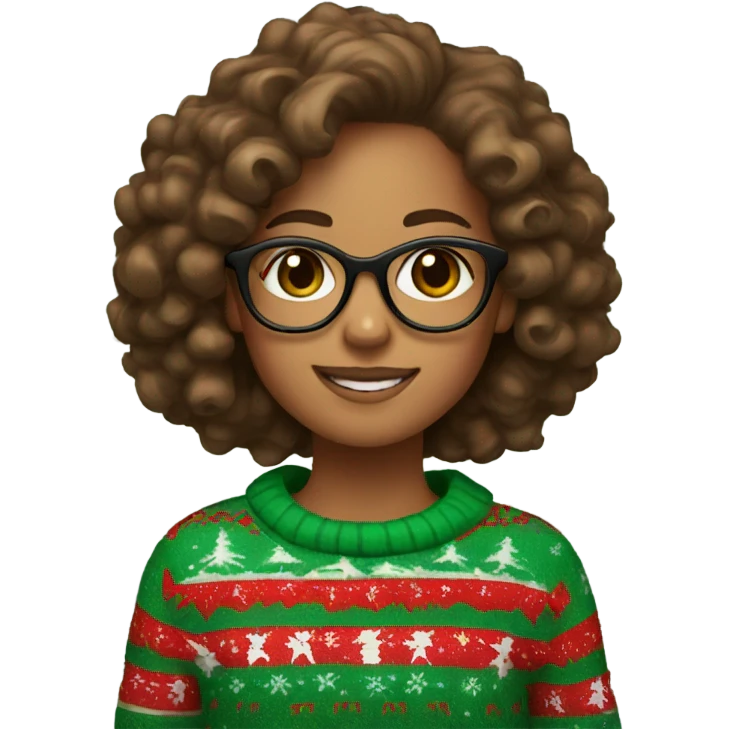A girl with brown curly hair glasses and a christmas red and green sweater emoji