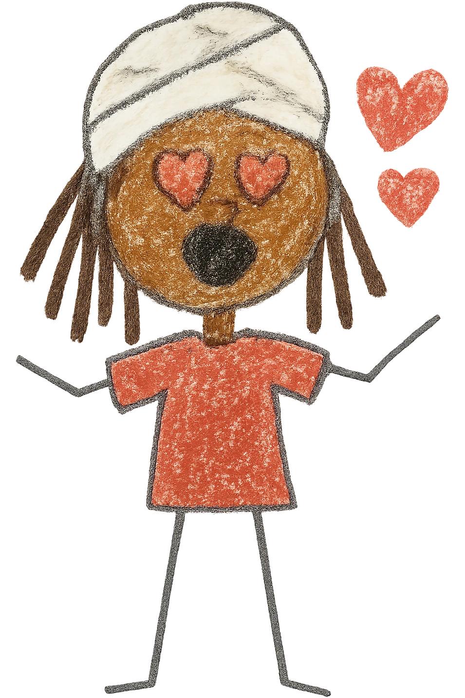 Brownskin man with long brown dreadlocks 
red t-shirt 
white turban 
expression is in love 
his eyes mouth open  emoji