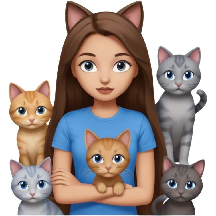 a pretty bratz dusky light skin girl with long brown hair, blue eyes with six cats nd wearing a grey tshirt emoji