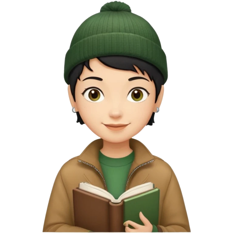 tan skin, non binary man with pixie cut black hair, wearing brown jacket and dark green beanie, smiling , holding up  book  emoji