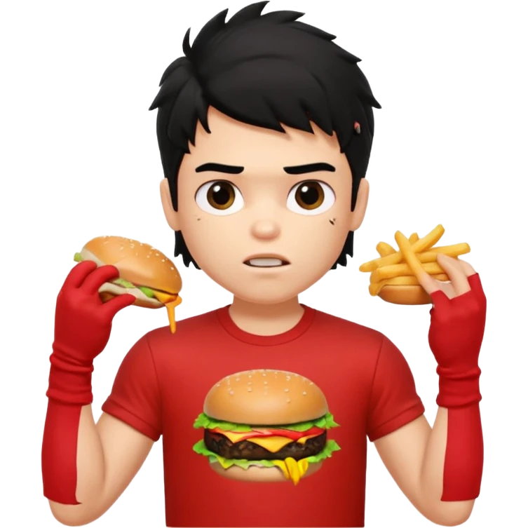 generate a pretty fair bratz boy with a messy mullet (black hair), wearing a red tshirt. eating a burger and fries, big biceps emoji