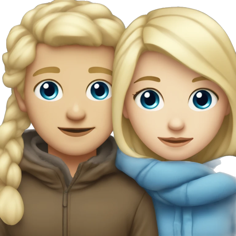 blonde girl cuddling with blonde boy blue eyed winter time emoji
