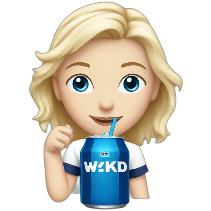 Blonde girl with blue eyes holding a blue wkd drink and wearing a Scotland football tshirt emoji