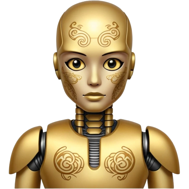 gold Tatooed robot, big many tatooes on chest, neck and face, white tatoo on face emoji