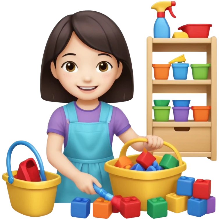 A cute 4-year-old Japanese girl with a big smile, proudly cleaning up her toys by herself in a bright playroom. She is putting colorful blocks and dolls back into baskets, looking happy and accomplished.  emoji