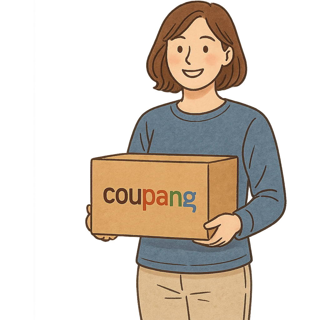 woman holding a Coupang delivery box, casual clothing, friendly atmosphere, illustration style emoji