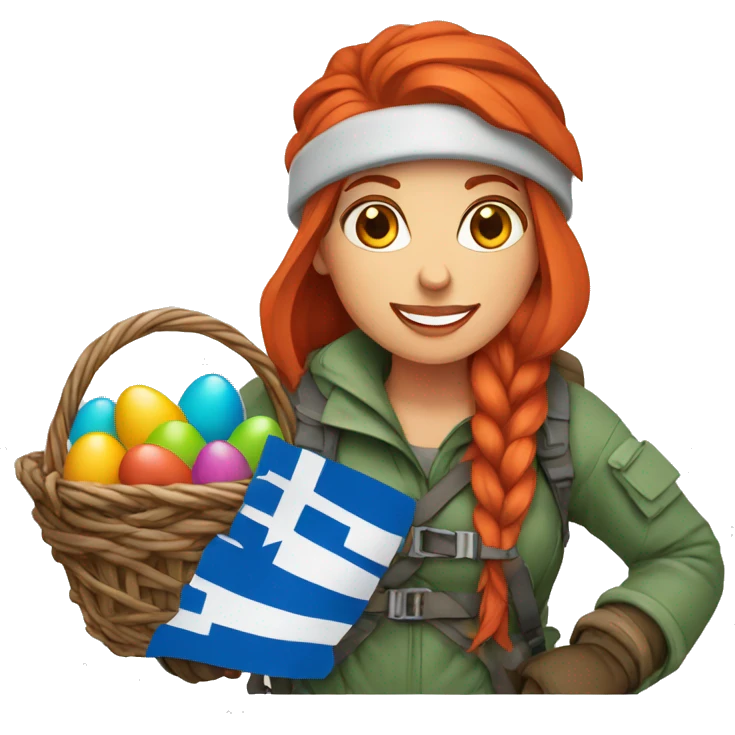 Female winter mountaineer red hair climbing with Greek flag and holding Easter eggs basket emoji