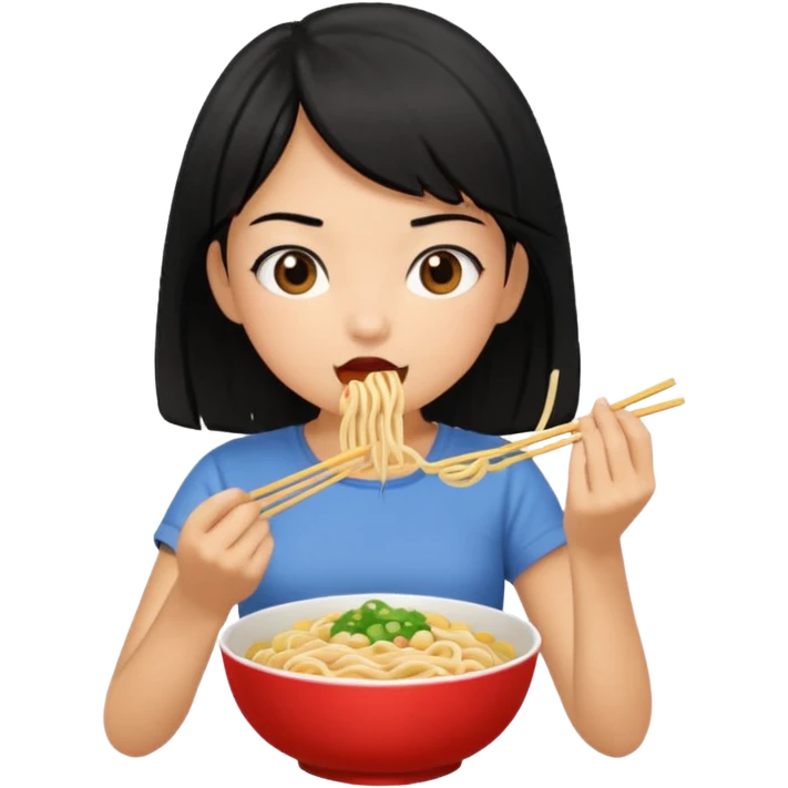 girl with black hair in short sleeves eating noodles emoji