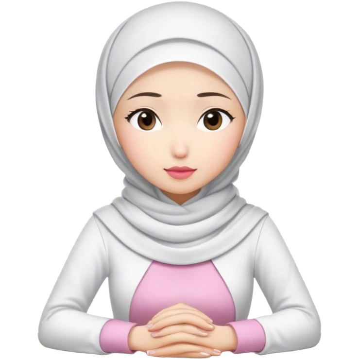 A white Asian woman, white hijab women are listening with her hands folded on the table. her lips is pink. her outfit & hijab color is white emoji