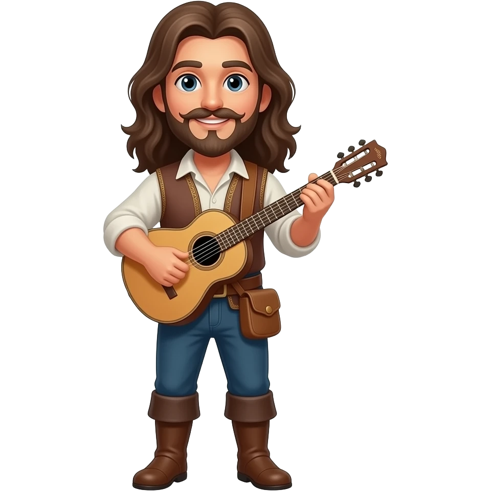 Beautiful Happy Bard with long hair, Handlebar mustache, pointed goatee and a lute full body emoji
