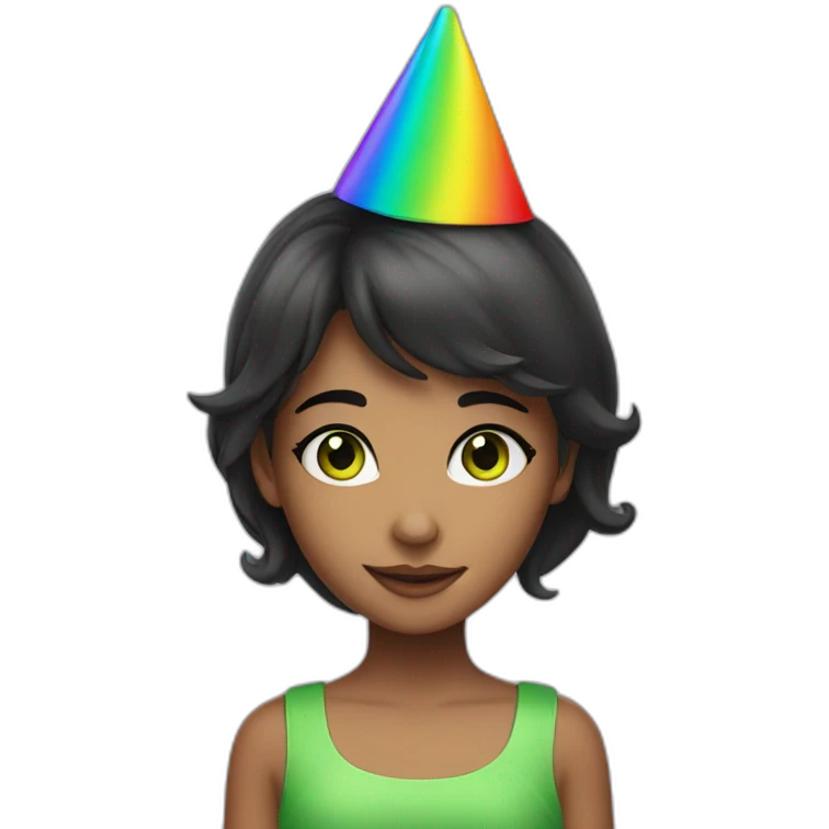 girl with dark hair and green eyes in rainbow party hat  emoji