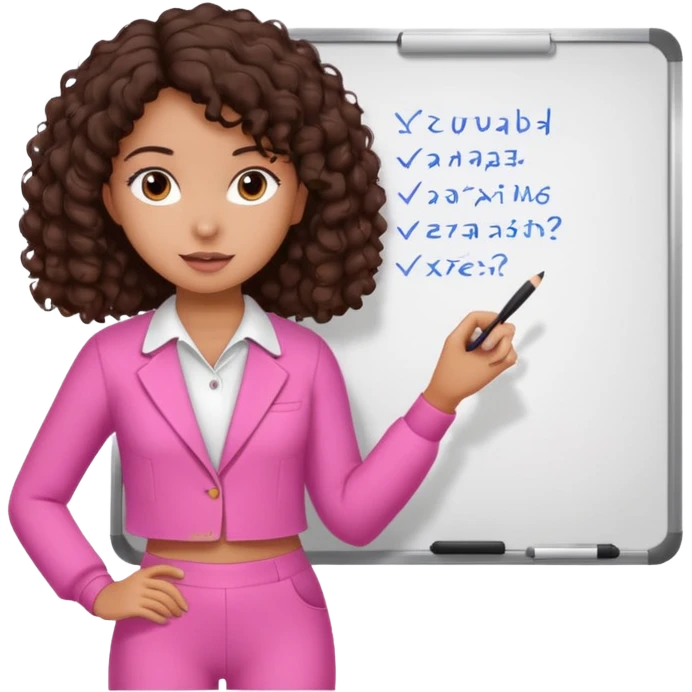 a girl with dark brown curly like hair wearing pink not hot pink 2 piece set teaching up on a board emoji
