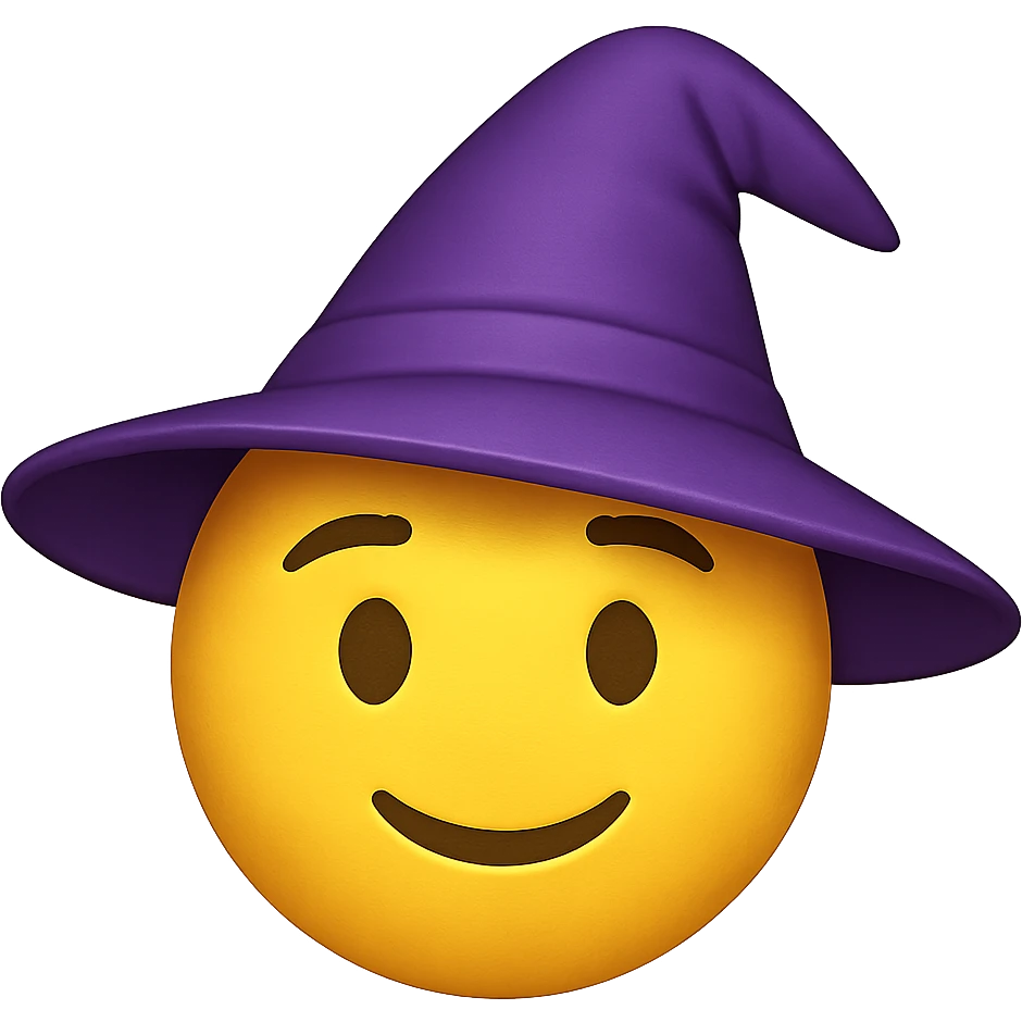 yellow face with purple wizard hat, digital illustration, emoji style, no background emoji